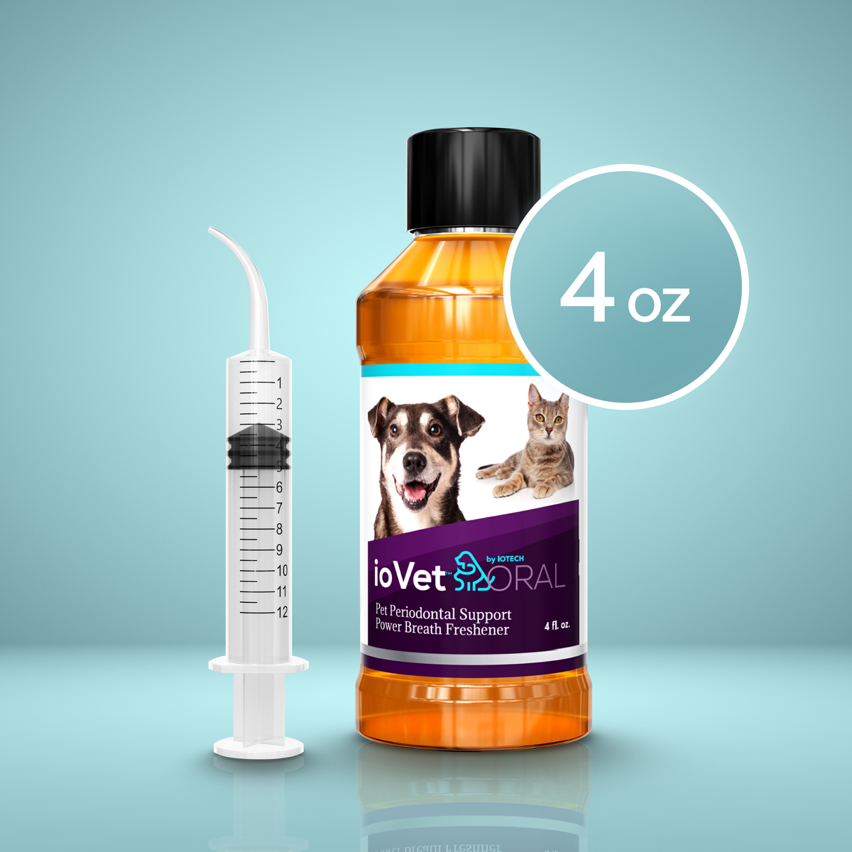 ioVet™Oral Pet Water Additive - 4 oz bottle and a dispensing syringe ...
