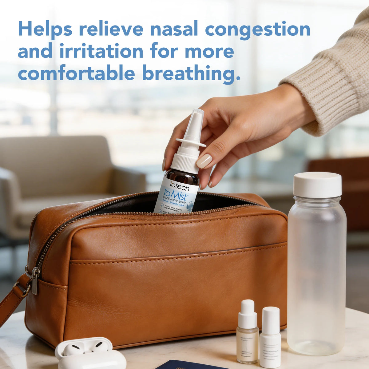 Packing ioMist nasal spray into a travel bag; relieves nasal congestion and irritation
