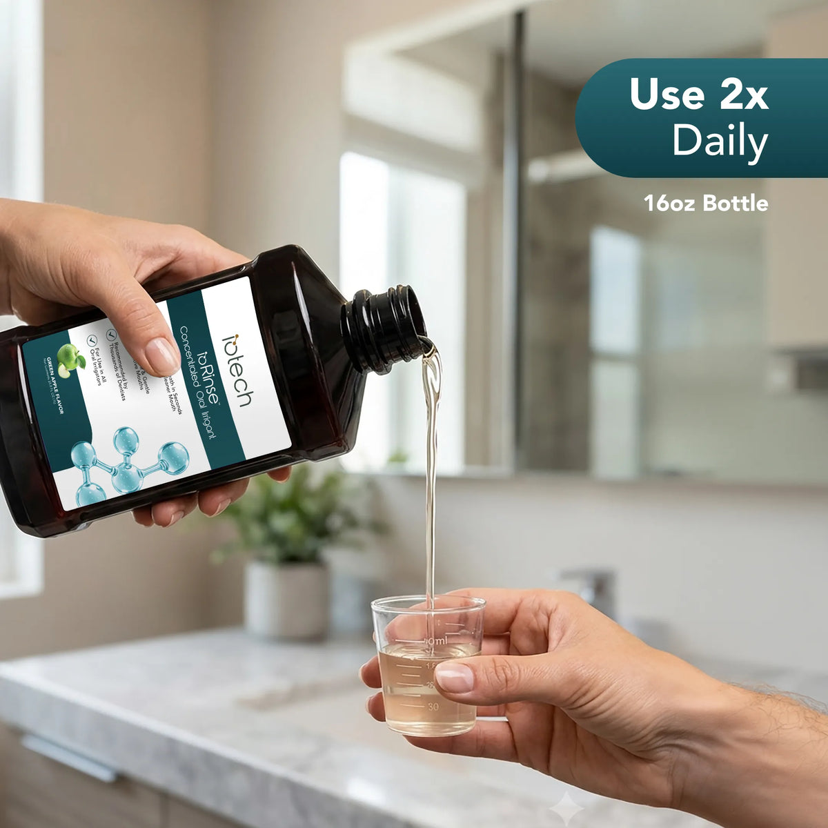 Pouring ioRinse Concentrate Green Apple into a cup; use twice daily