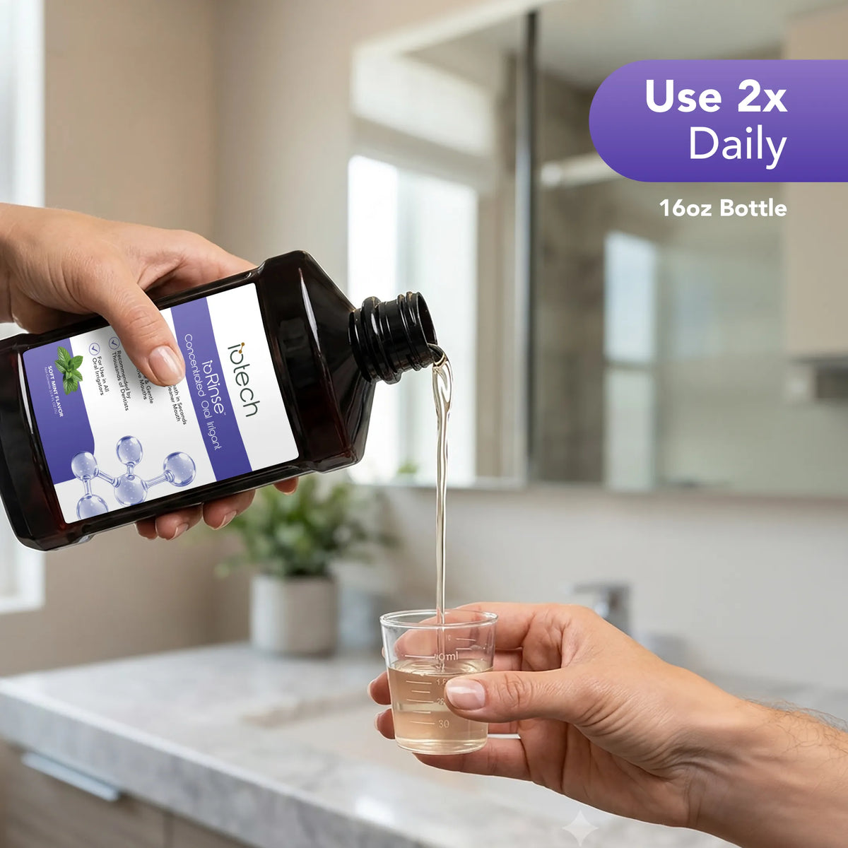 Pouring ioRinse Concentrate Soft Mint into a cup; use twice daily
