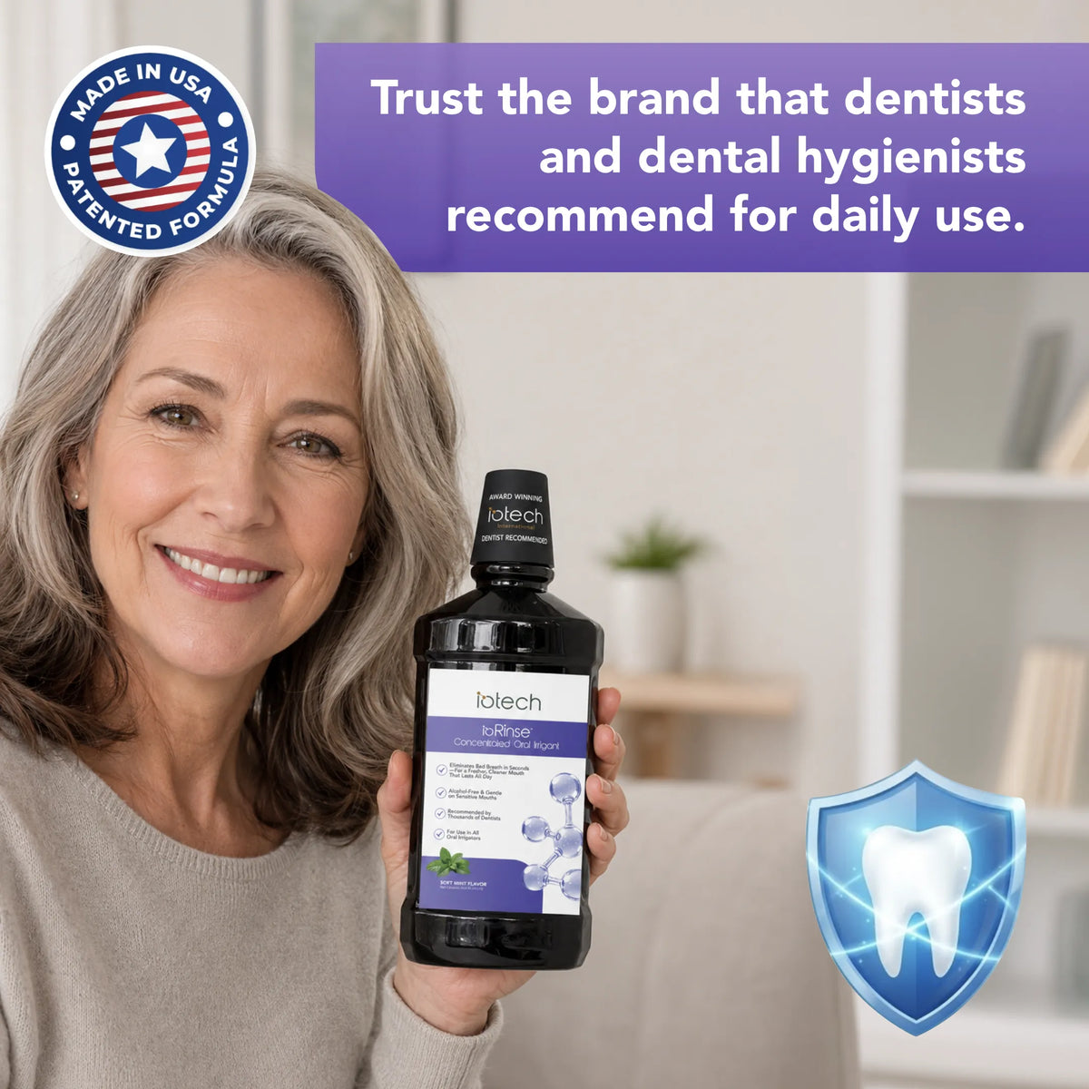 Woman holding ioRinse Professional Concentrate Soft Mint: trust the brand dentists and hygienists recommend