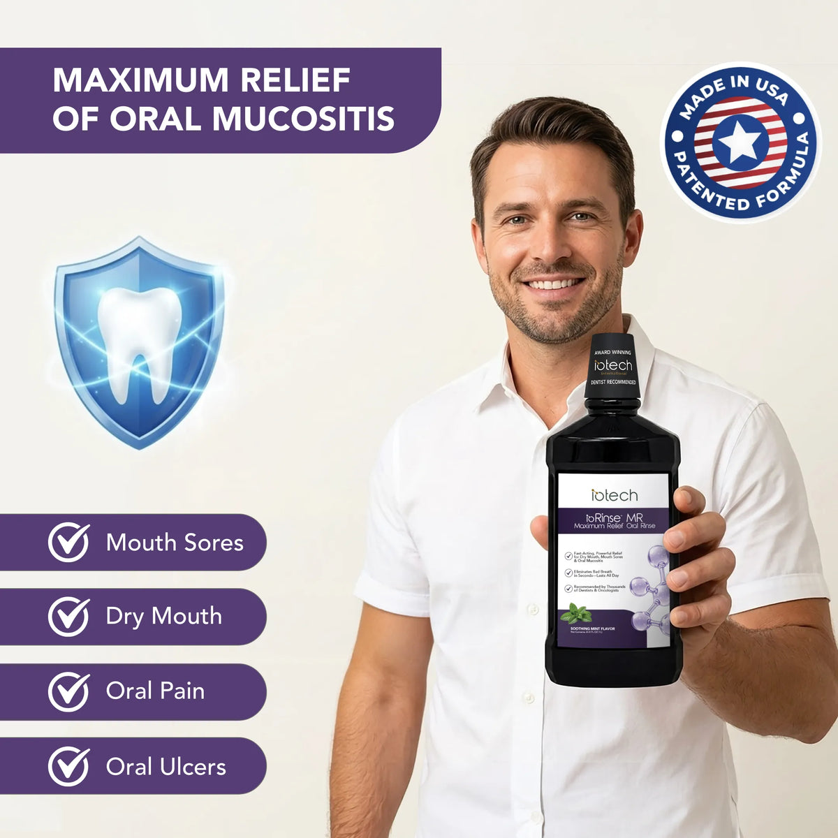 Man holding ioRinse MR bottle; relieves mouth sores, dry mouth, oral pain and oral ulcers