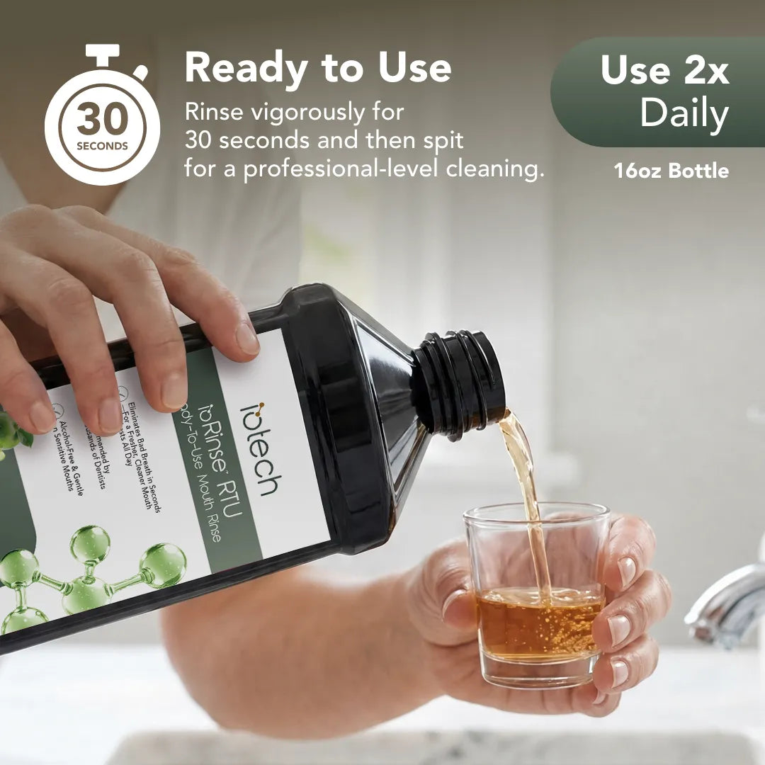 Pouring ioRinse RTU Green Apple into a glass: rinse 30 seconds, use twice daily