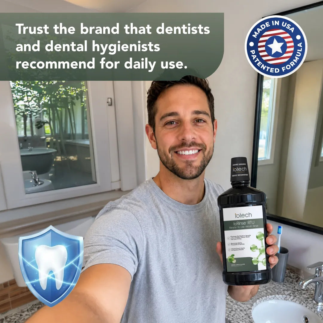 Man holding ioRinse RTU Green Apple: trust the brand dentists and dental hygienists recommend, made in USA