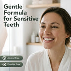Smiling woman; ioRinse RTU Green Apple is alcohol free and fluoride free, gentle for sensitive teeth