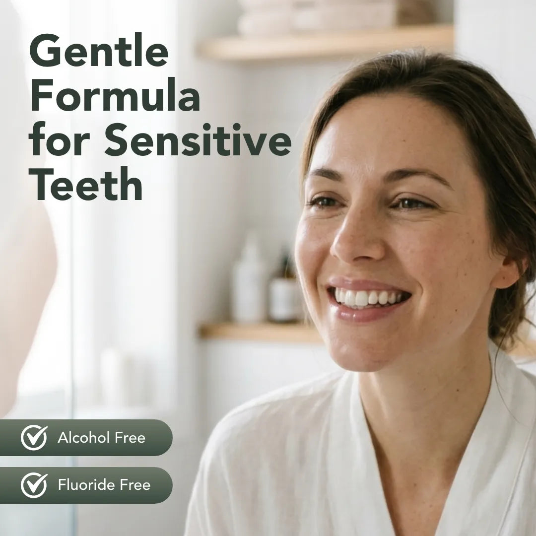 Smiling woman; ioRinse RTU Green Apple is alcohol free and fluoride free, gentle for sensitive teeth