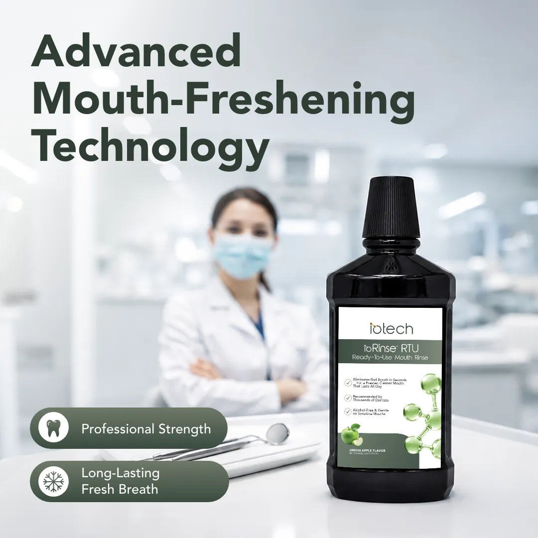 Dental professional with ioRinse RTU Green Apple: advanced mouth-freshening technology, professional strength