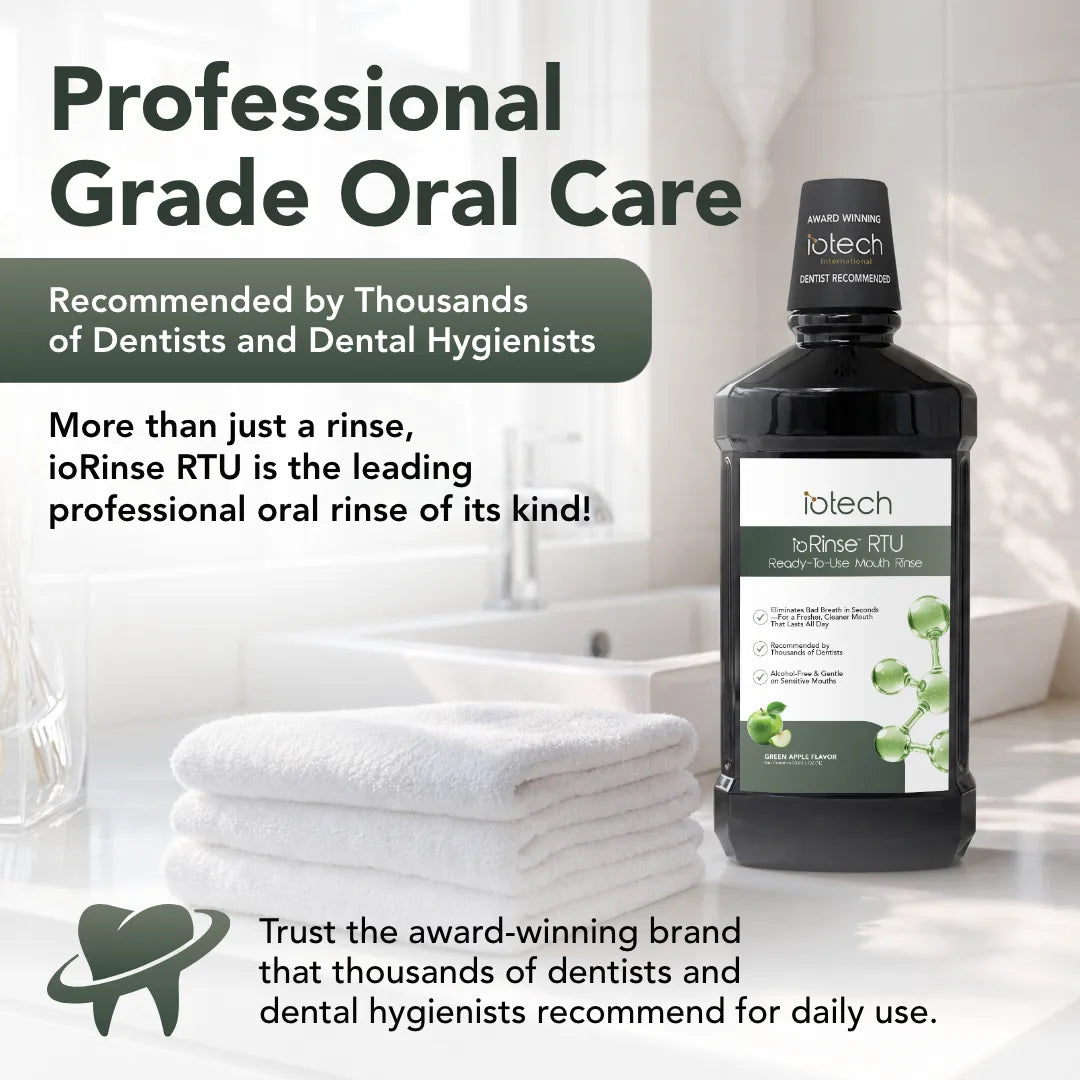 ioRinse RTU Green Apple on a bathroom counter: professional grade oral care recommended by dentists