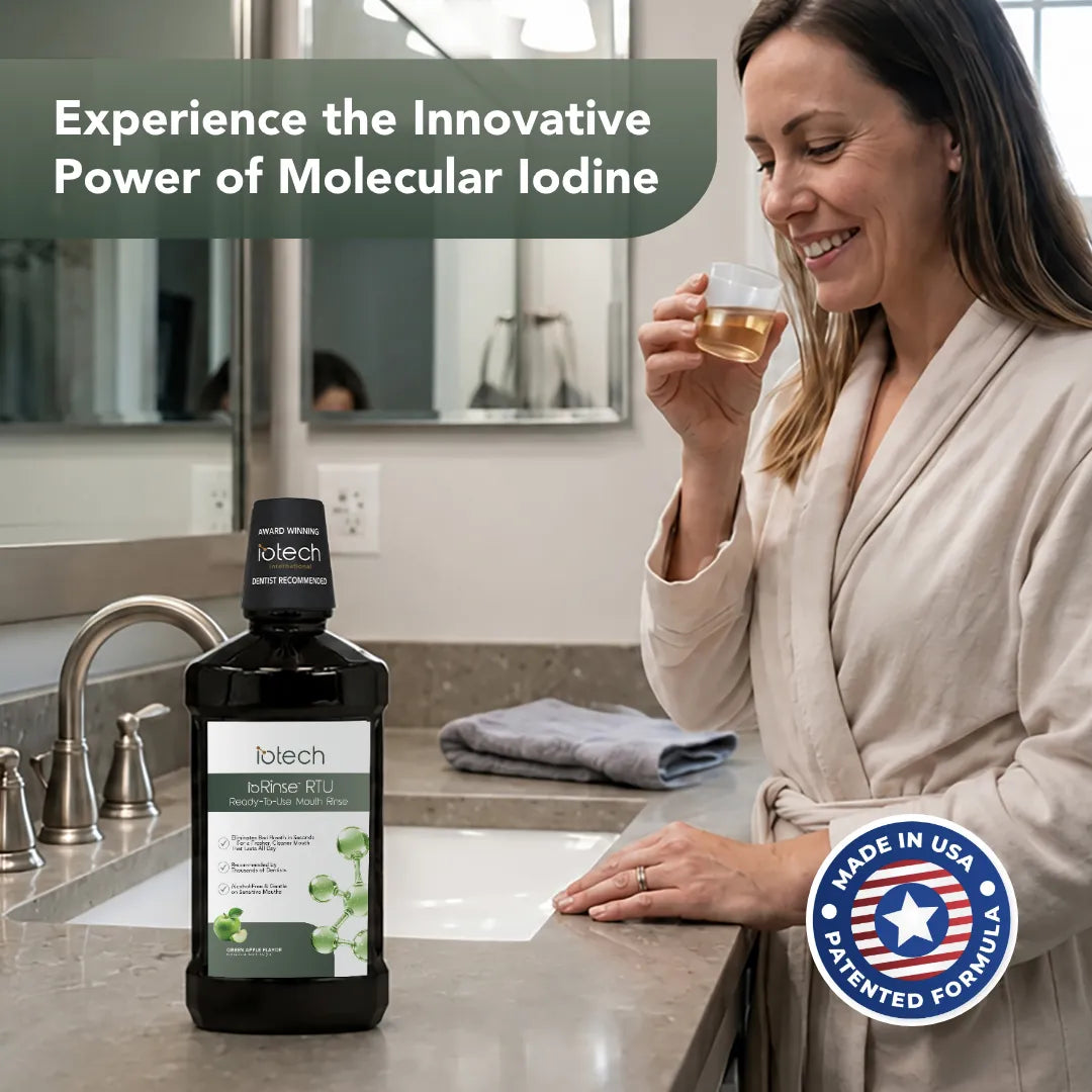 Woman rinsing with ioRinse RTU Green Apple: experience the innovative power of molecular iodine