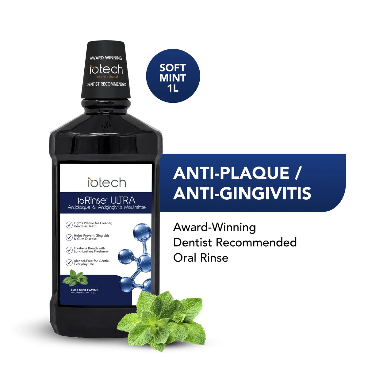 ioRinse Ultra Soft Mint 1 liter anti-plaque, anti-gingivitis rinse, award-winning dentist recommended