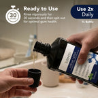 Pouring ioRinse Ultra into the cap: rinse 30 seconds, use twice daily for optimal gum health