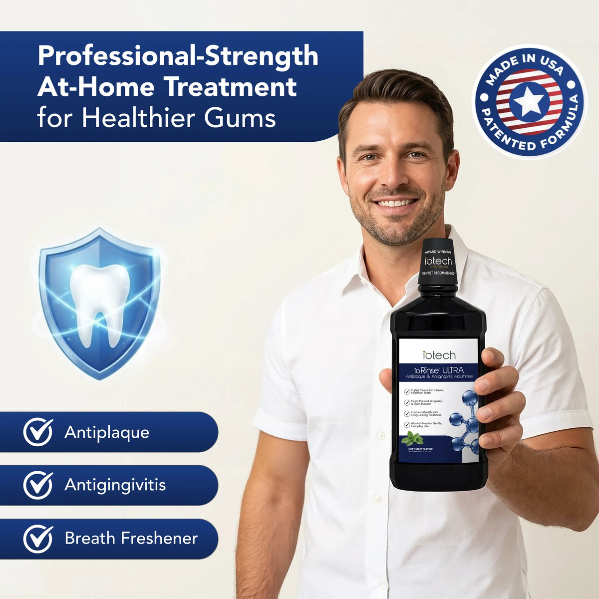 Man holding ioRinse Ultra: professional-strength at-home treatment for healthier gums, made in USA