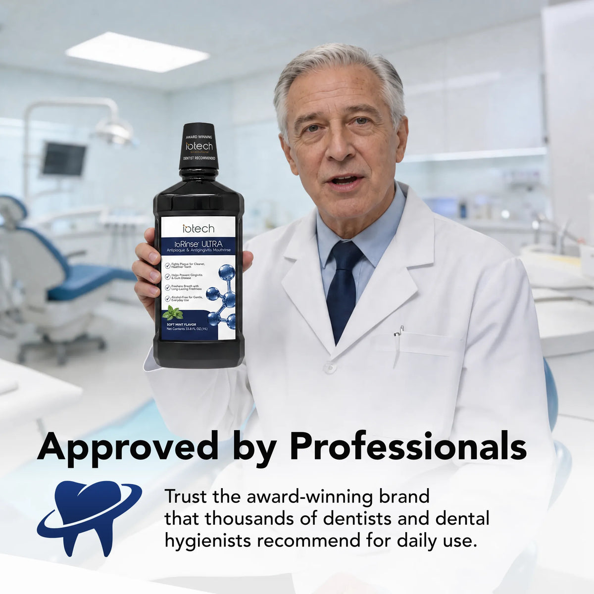 Dentist holding ioRinse Ultra in a dental office: approved by professionals