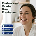 Smiling woman; ioRinse Ultra soft mint professional grade breath freshener, antiplaque and antigingivitis