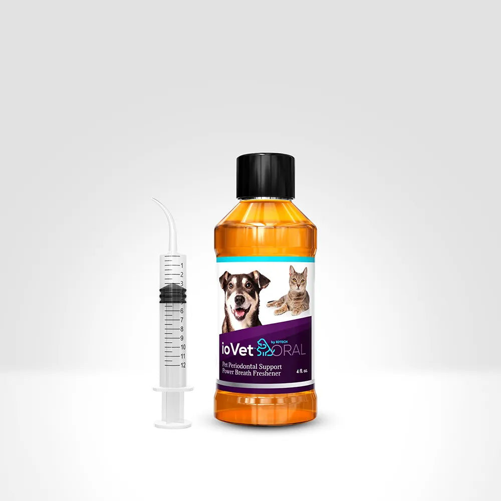 ioVet™Oral Pet Water Additive - 4 oz bottle and a dispensing syringe
