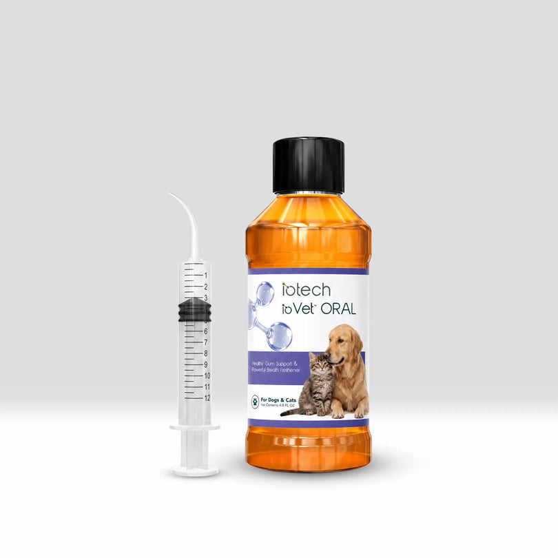 ioVet™Oral Pet Water Additive - 4 oz bottle and a dispensing syringe