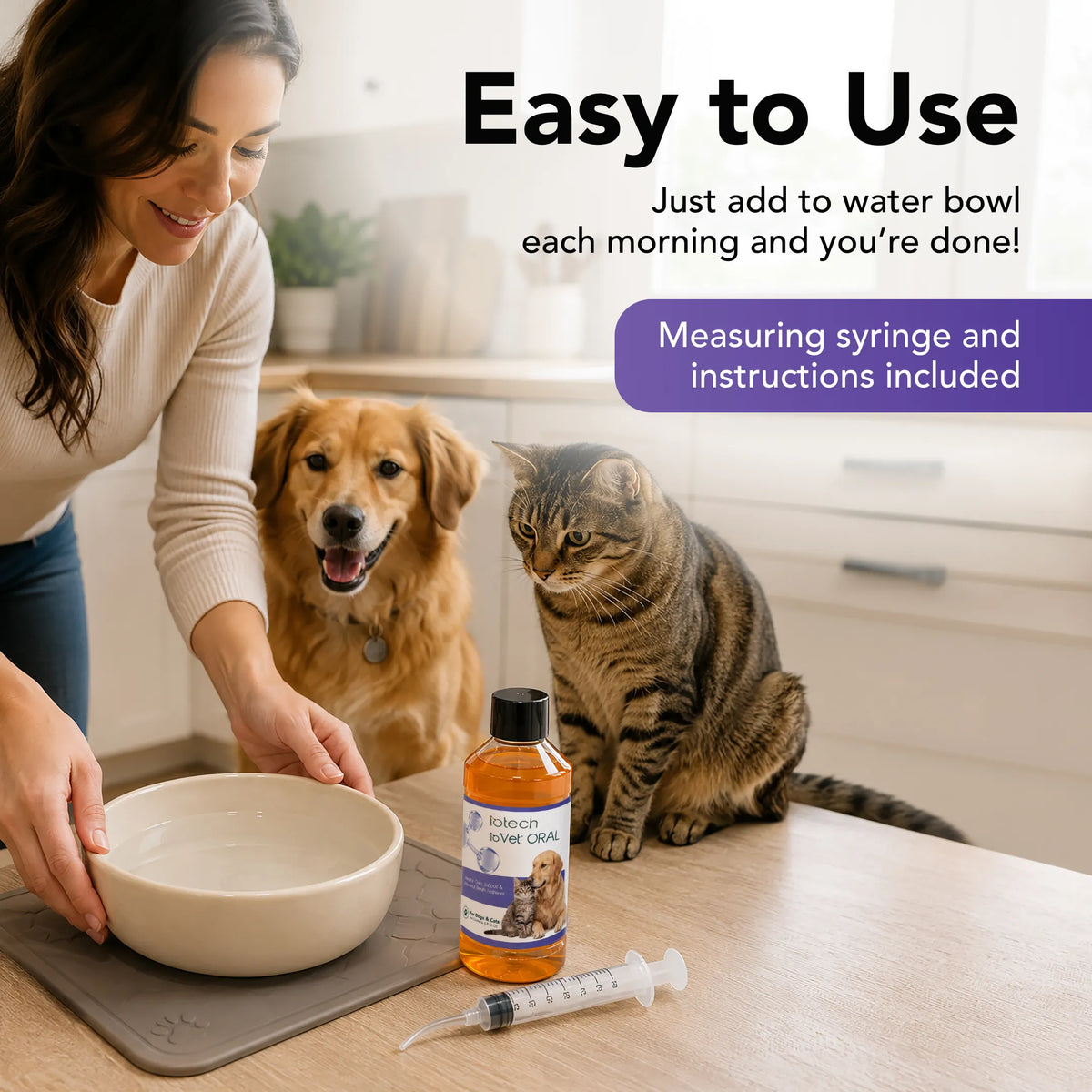 ioVet™Oral Pet Water Additive - 4 oz bottle and a dispensing syringe