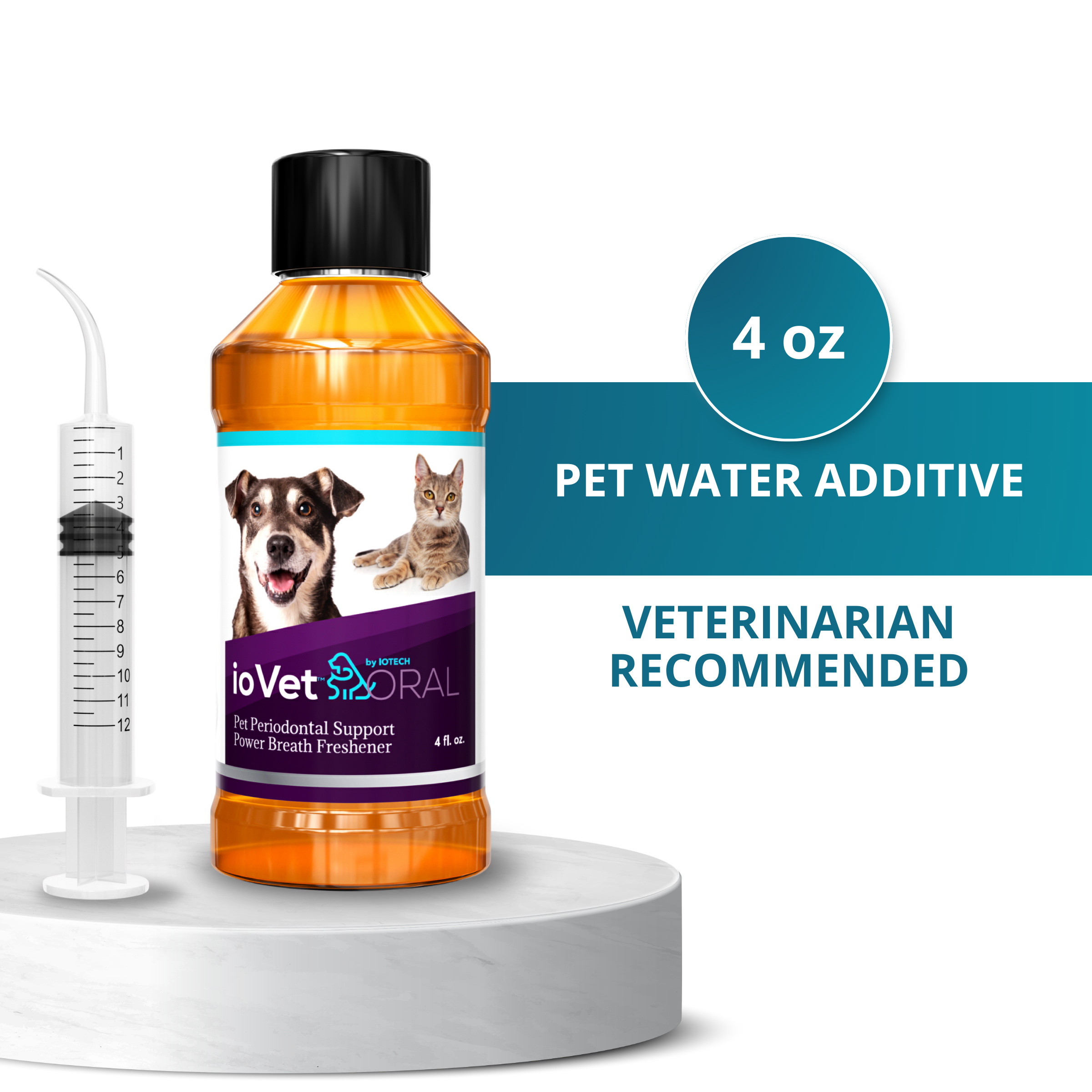 ioVet™Oral Pet Water Additive - 4 oz bottle and a dispensing