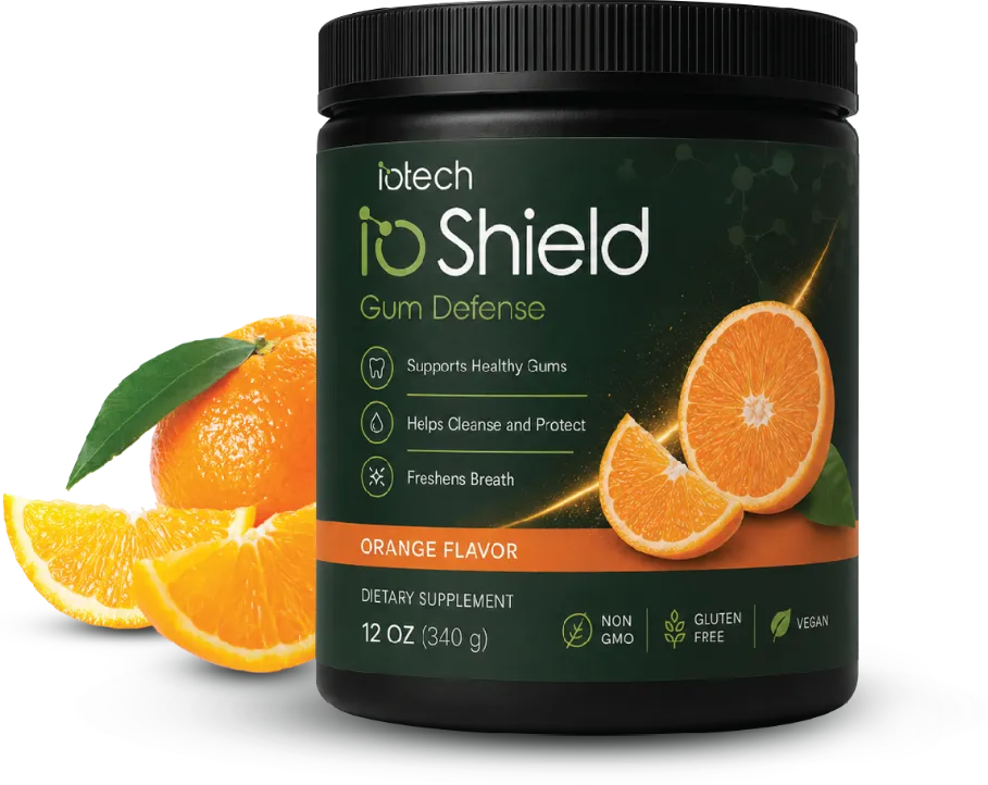 ioShield Gum Defense orange-flavor supplement with fresh oranges